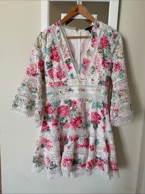 Aqua Floral Trim V-Neck Dress